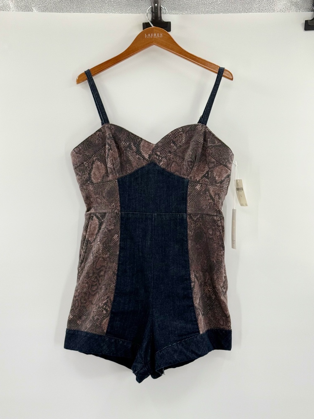 Pilcro Anthropologie Snake Print Denim Romper Size 12 Dark Wash Corset Y2K - Picture 6 of 13